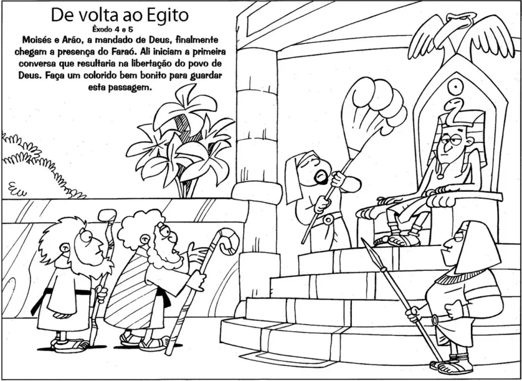Moisés e Arão confrontam Faraó no Egito: Desenho para colorir da cena bíblica de Êxodo 4 e 5.