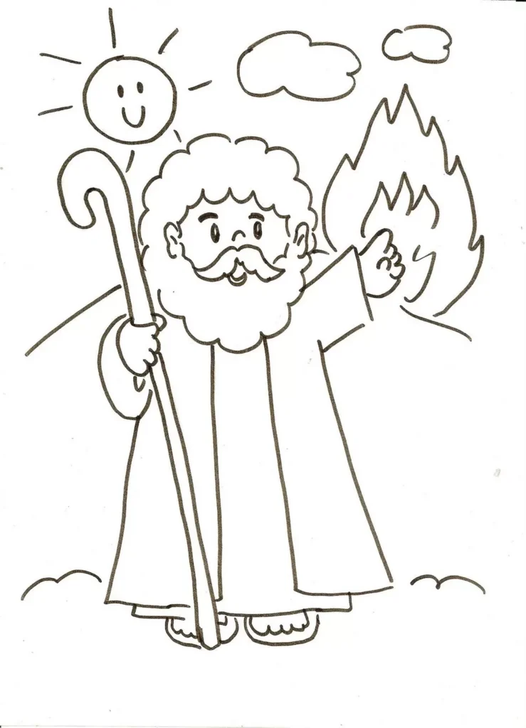Moisés e a sarça ardente: desenho para colorir com Moisés segurando cajado.