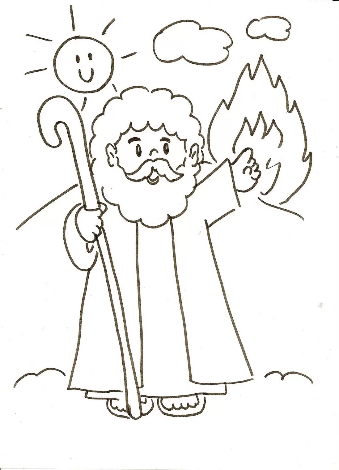 Moisés e a sarça ardente: desenho para colorir com Moisés segurando cajado.