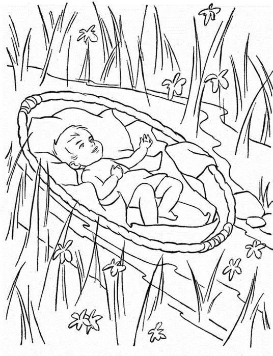 Moisés bebê no rio: desenho para colorir da história bíblica