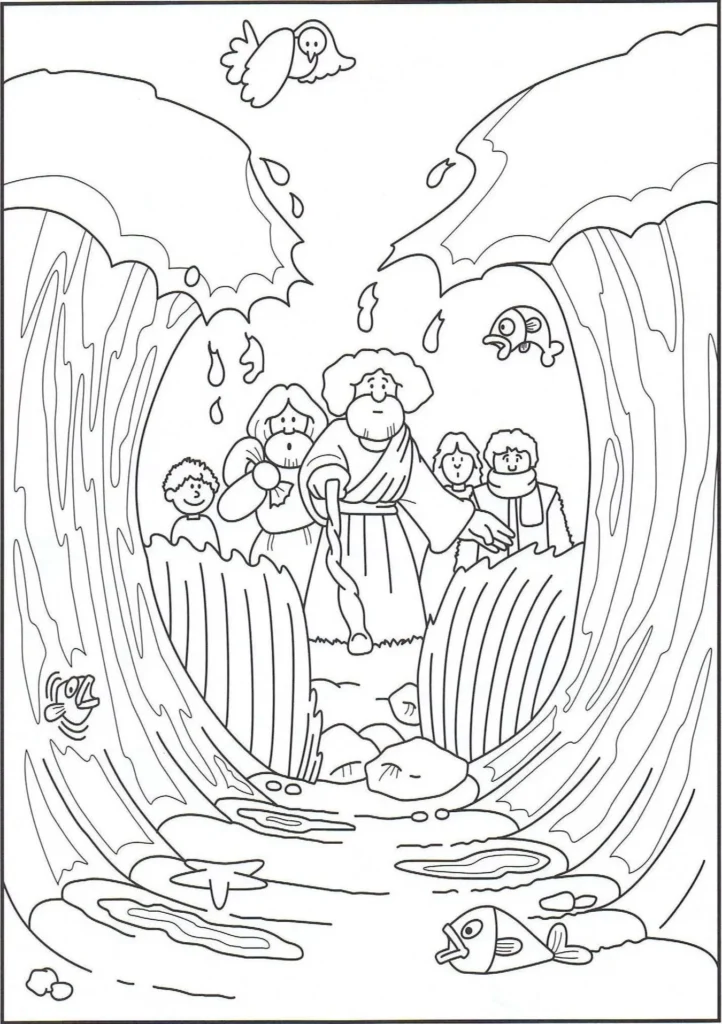 Moisés guiando povo pelo Mar Vermelho: desenho bíblico para colorir com detalhes da travessia e vida marinha.