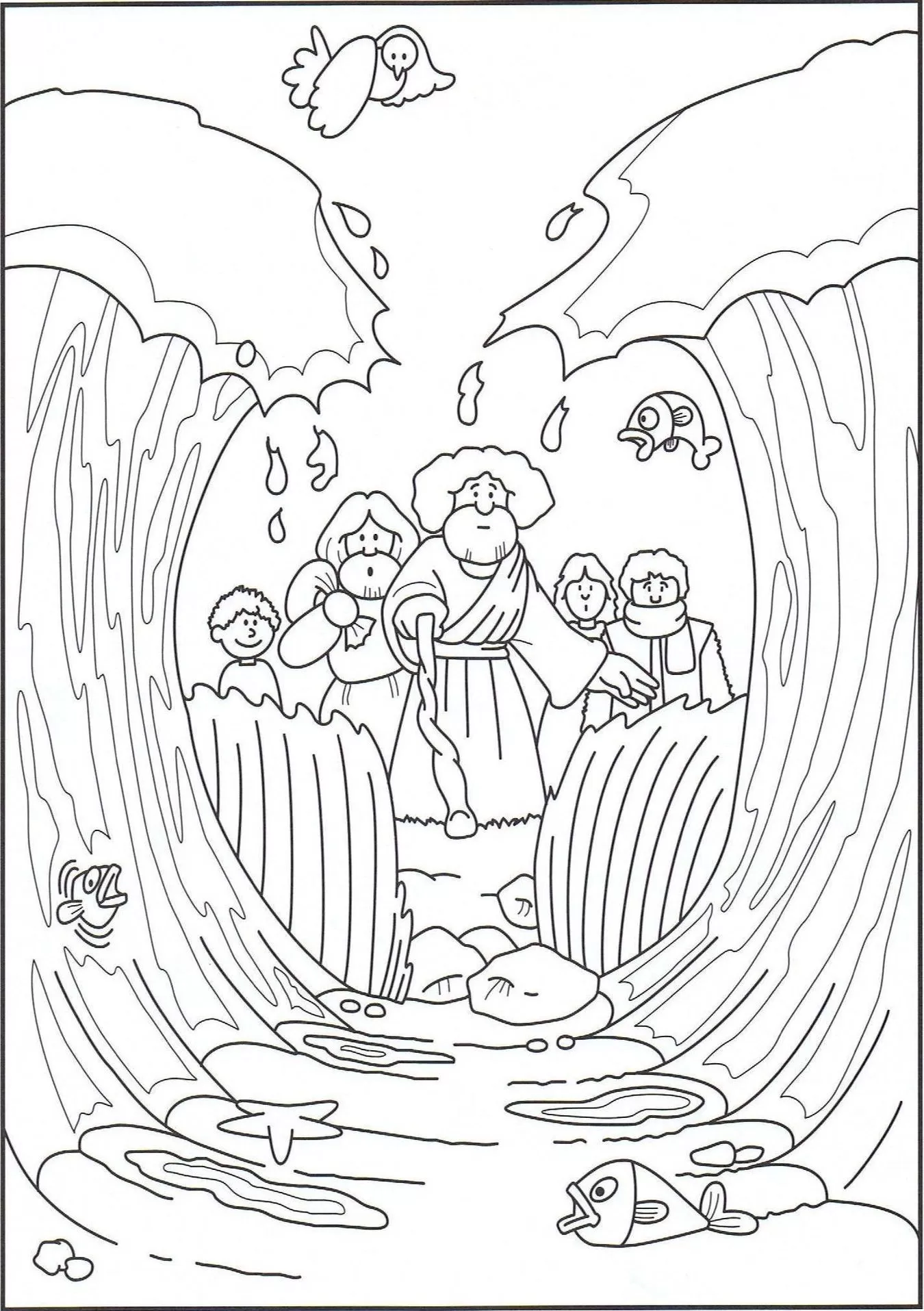 Moisés guiando povo pelo Mar Vermelho: desenho bíblico para colorir com detalhes da travessia e vida marinha.