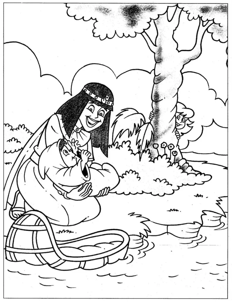 Moisés nas águas: Desenho para colorir da cena bíblica do resgate do bebê Moisés