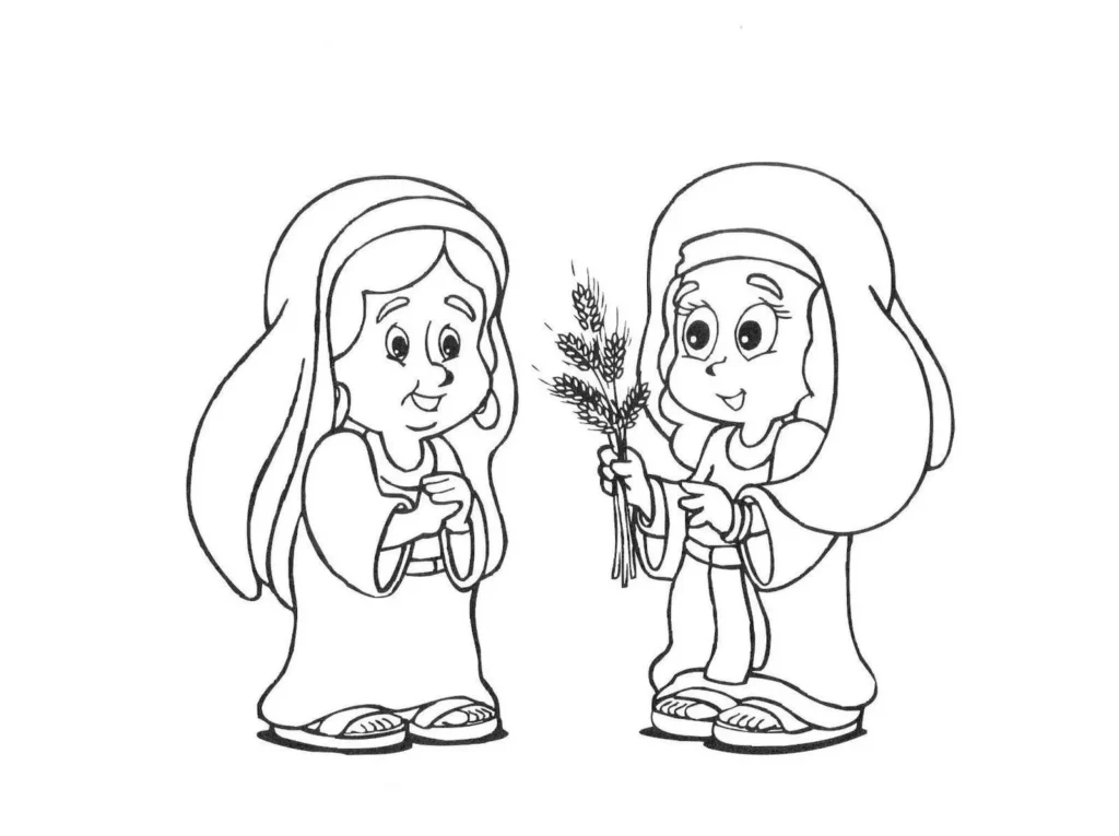 Rute e Boaz para colorir: Desenhos bíblicos de Noemi e Rute com espigas de trigo.