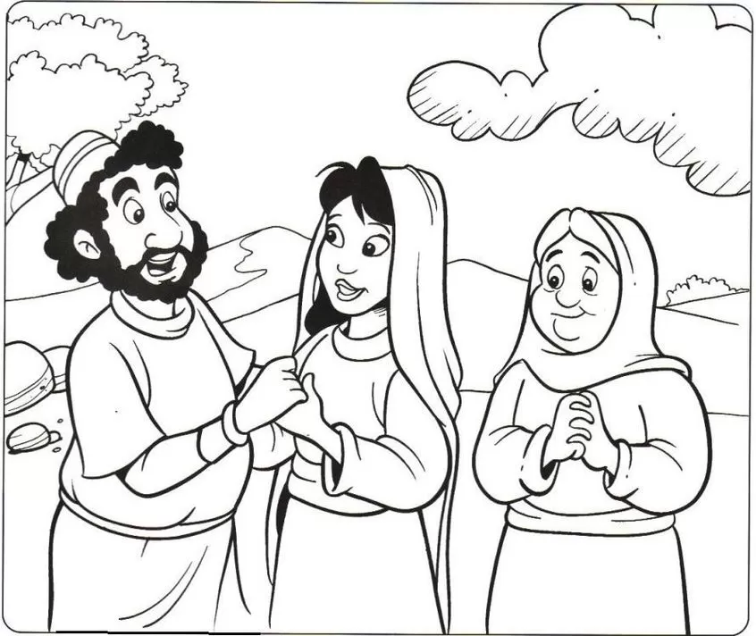 Rute e Boaz: Cena bíblica para colorir com Rute se casando com Boaz sob o olhar de Noemi.