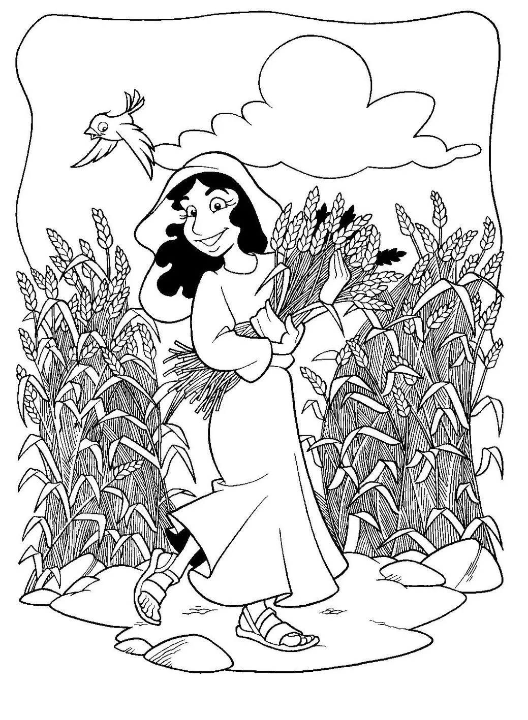 Rute e Boaz: Desenho para colorir de Rute sorrindo no campo de trigo