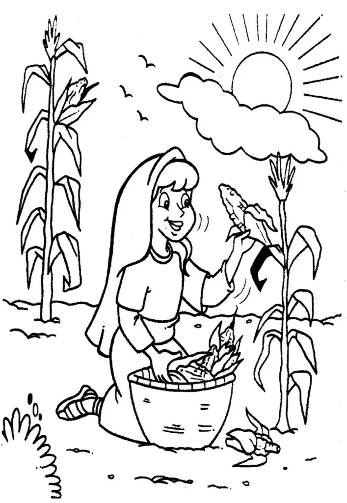 Rute colhendo milho: Desenho para colorir da história bíblica de Rute e Boaz.