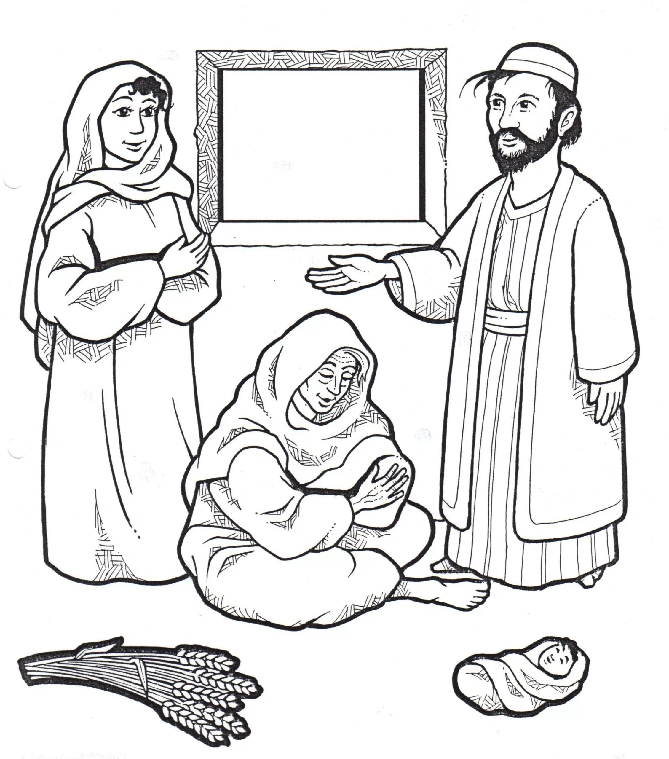 Desenhos de Rute e Boaz para colorir Rute tem um filho chamado Obede Rute e Boaz: cena bíblica para colorir de Rute com seu filho Obede