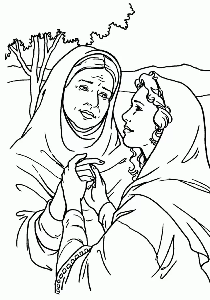 Rute e Boaz: Desenho para colorir da sogra e nora em cena bíblica.