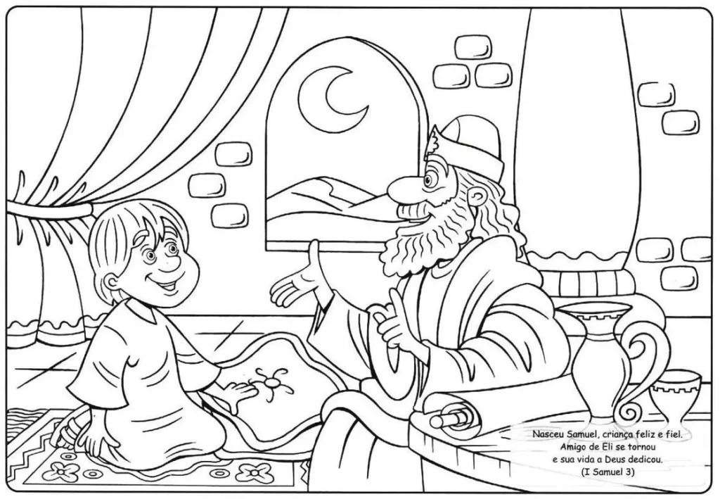 Desenhos de Samuel o profeta Samuel cresce no templo Samuel criança no templo: aprendendo com o sacerdote Eli. Desenho bíblico sobre a história de Samuel.