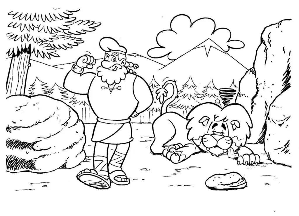 Desenhos de Sansão e Dalila para colorir em PDF. A imagem contém Sansão e um leão na floresta.