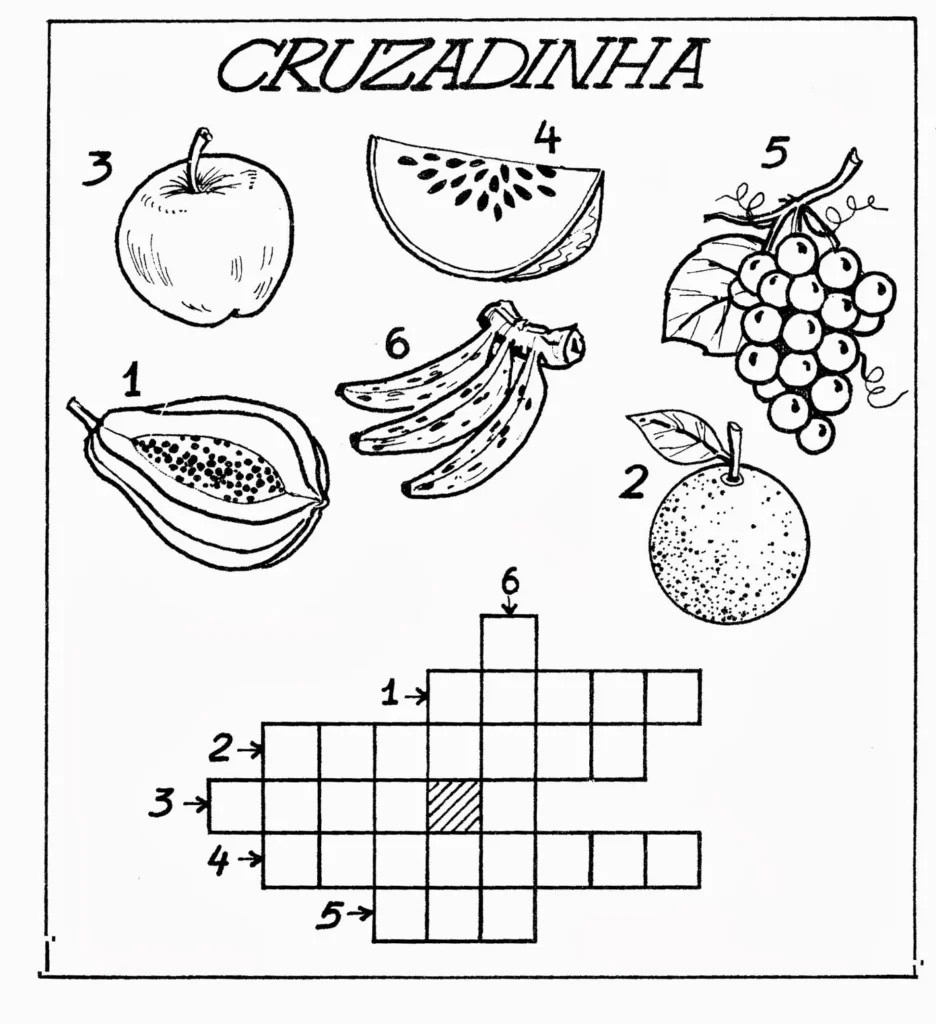 Cruzadinha de Frutas para Colorir: Atividade Divertida com Mamão, Laranja, Maçã, Melão, Uvas e Bananas.