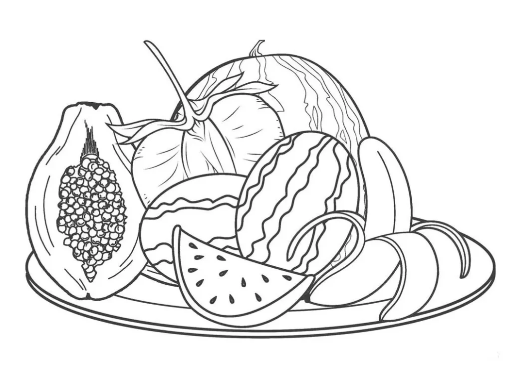 Desenho de frutas para colorir: mamão, melancia e bananas. Atividade divertida e criativa.