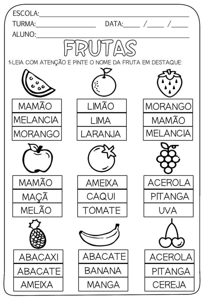 Atividade de colorir frutas: pinte o nome e a fruta!