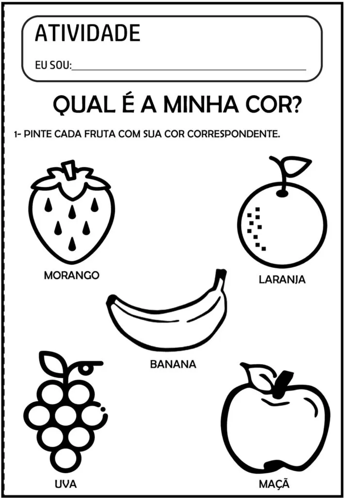 Desenhos de Tarefas sobre Frutas para colorir em PDF. A imagem contém várias frutas.