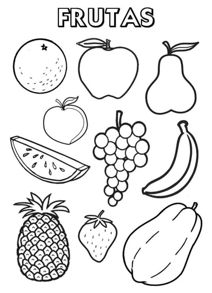 Desenhos de frutas para colorir: laranja, maçã, pera, uvas, melancia, banana, abacaxi, morango e mamão. Atividade divertida com frutas!