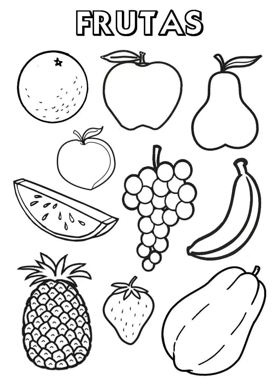 Desenhos de frutas para colorir: laranja, maçã, pera, uvas, melancia, banana, abacaxi, morango e mamão. Atividade divertida com frutas!
