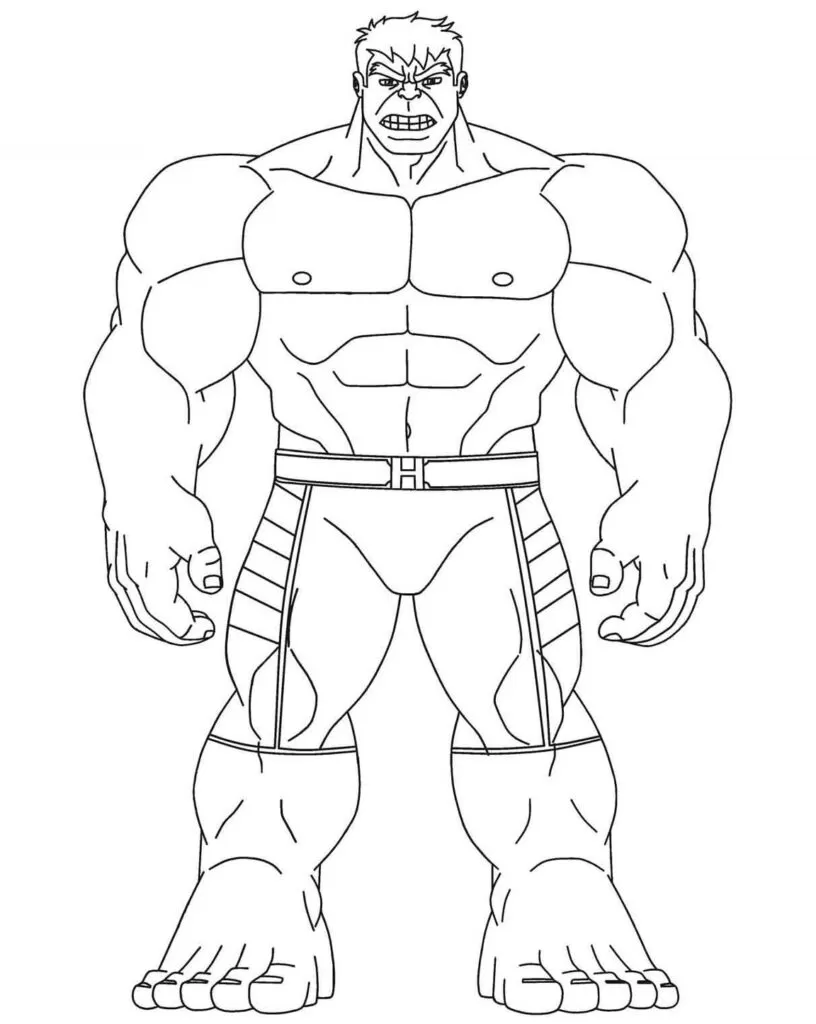 Desenhos do Hulk para imprimir e colorir em PDF. A imagem contém o Hulk fortão.