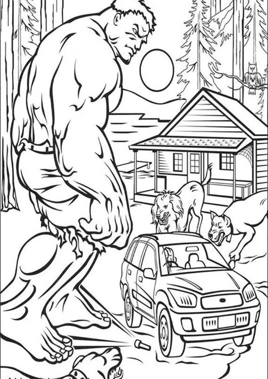 Desenhos do Hulk para imprimir e colorir Gigante verde Hulk Gigante Verde: Desenho para colorir e imprimir. Veja o Hulk furioso perto de uma casa e um carro.