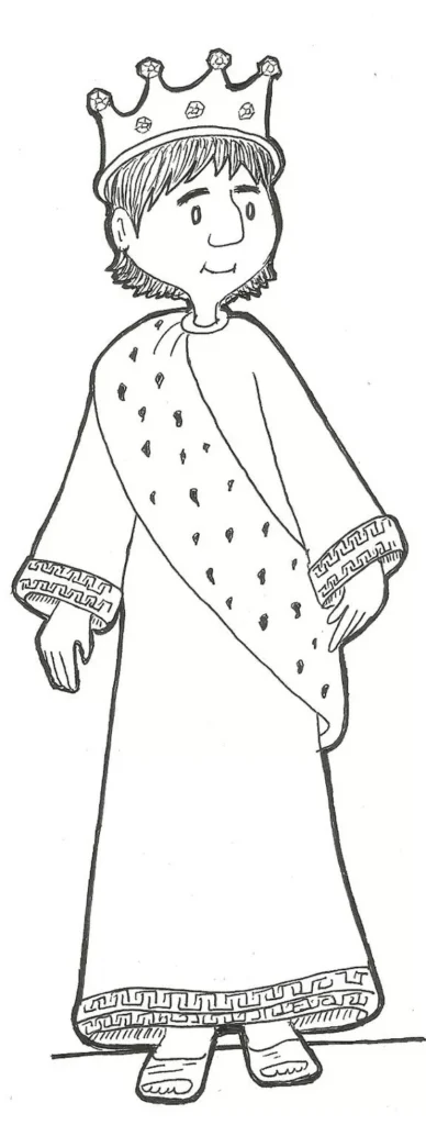 Rei Salomão para colorir: Desenho de monarca com coroa e vestes detalhadas.