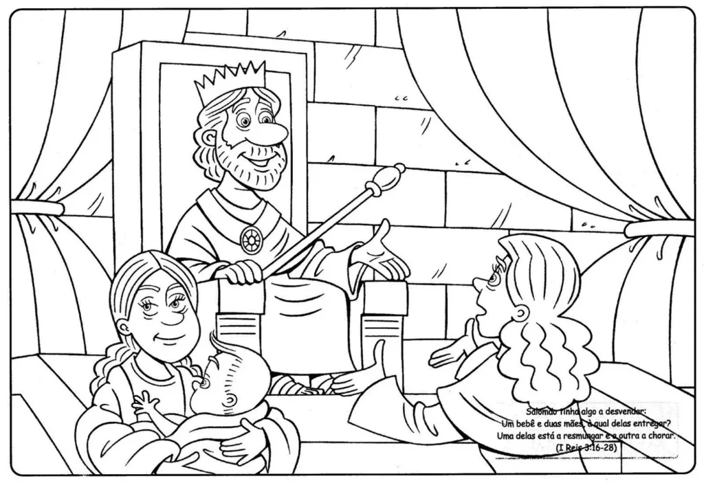 Rei Salomão e a Sabedoria: Desenho para Colorir da Cena Bíblica.