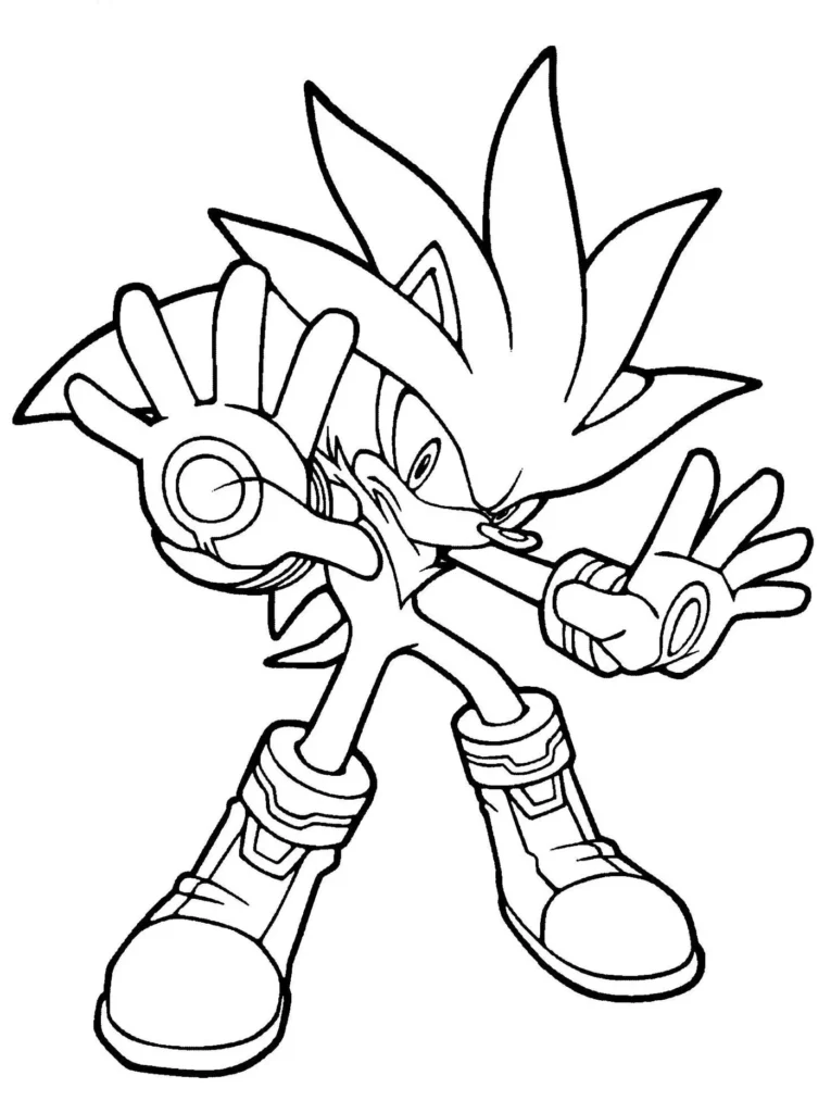 Silver the Hedgehog para colorir: Desenho do ouriço prateado em pose dinâmica, ideal para atividades de pintura.