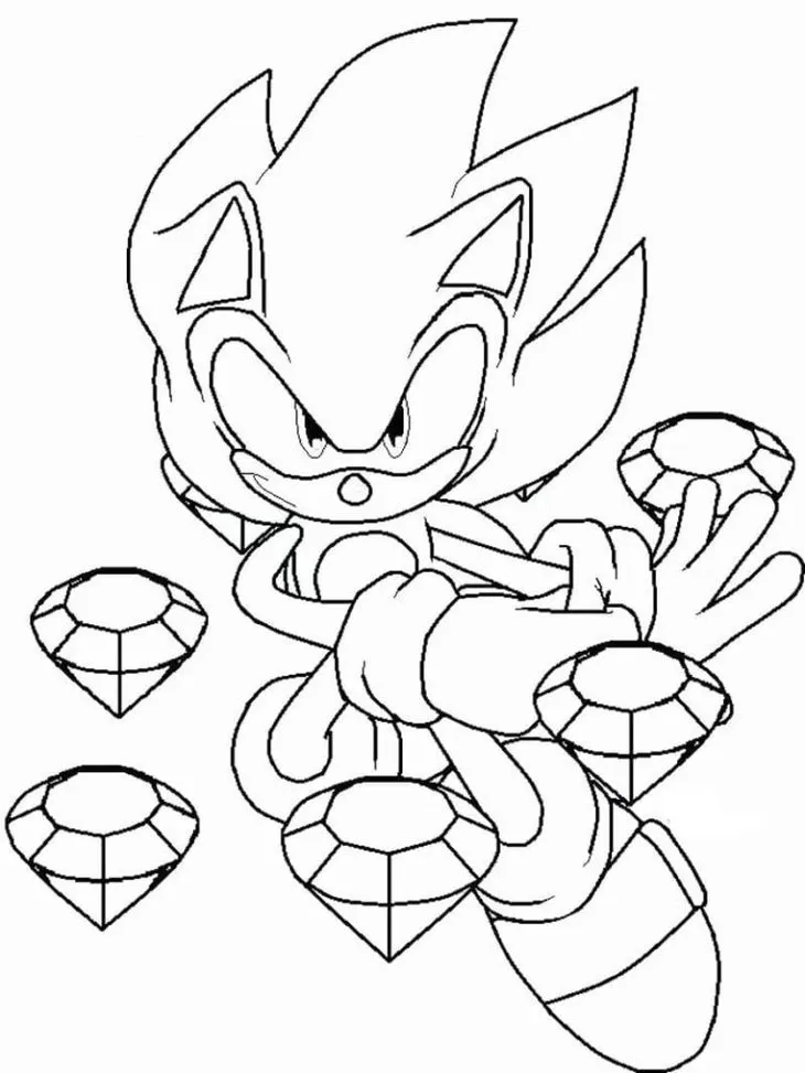 Sonic com Esmeraldas do Caos para colorir: Desenho do ouriço azul em pose dinâmica, cercado por gemas brilhantes, perfeito para atividades artísticas.