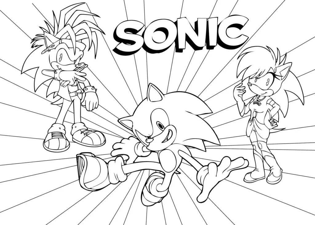Sonic e amigos: desenho para colorir e imprimir. Ação e aventura com Sonic, Sally Acorn e outro companheiro do universo Sonic.