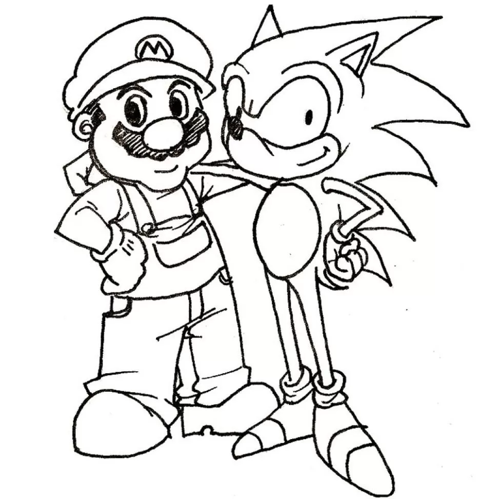 Mario e Sonic para colorir: desenho dos ícones dos games juntos.