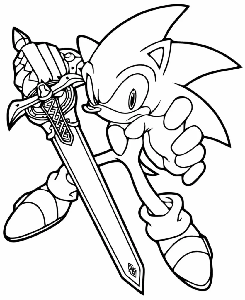 Sonic e a Super Espada: Desenho detalhado para colorir com foco nos detalhes da lâmina e empunhadura.