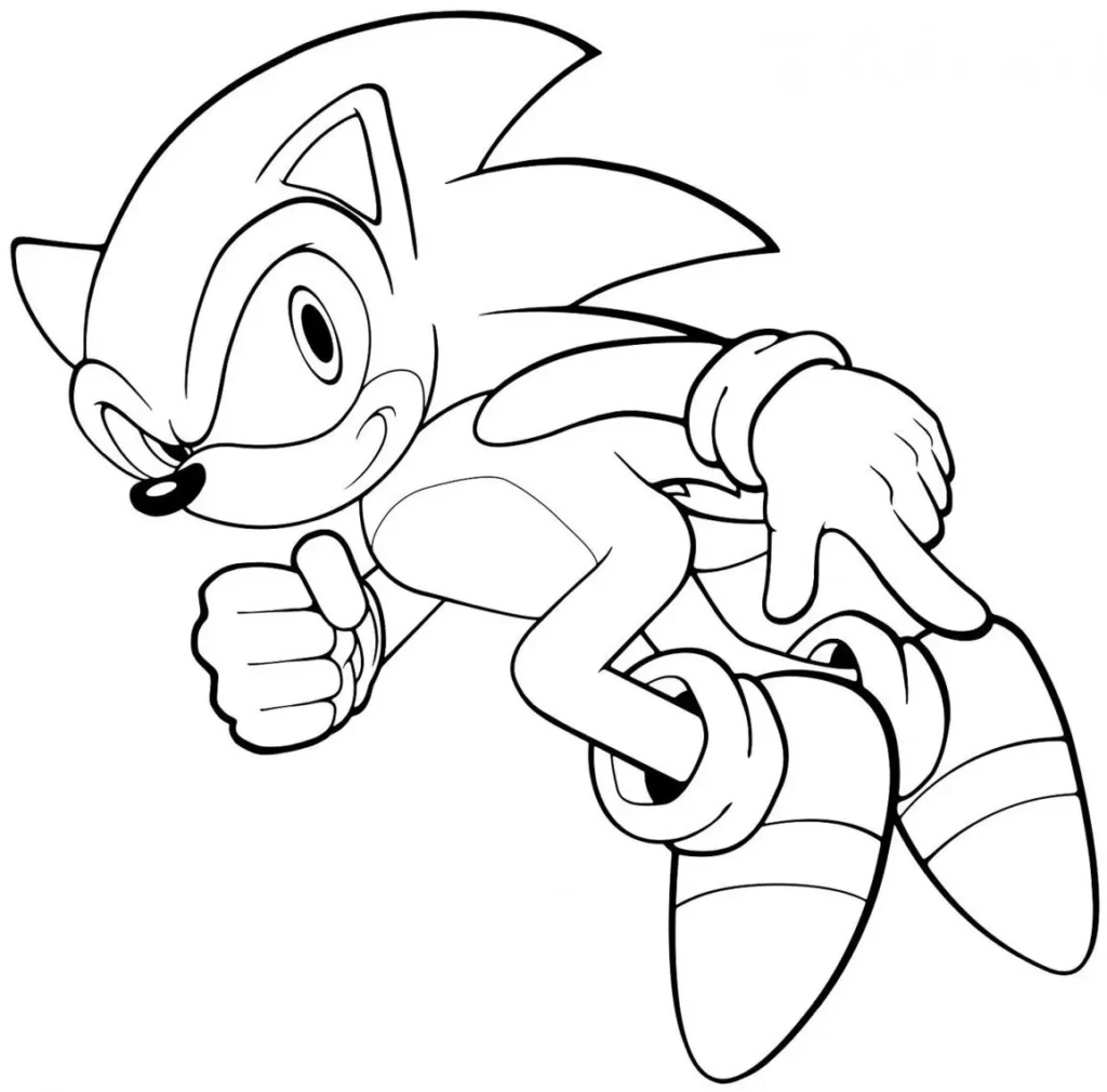 Sonic em pose de ação: Desenho para colorir do personagem veloz em movimento.