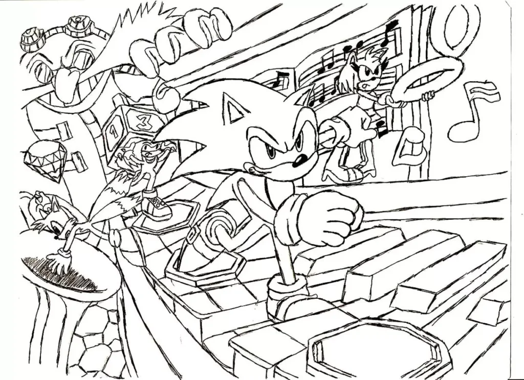 Sonic e seus amigos Tails, Knuckles e Amy Rose em vibrante cena musical para colorir. Desenho com Sonic correndo e Amy com disco, cercada por notas musicais.
