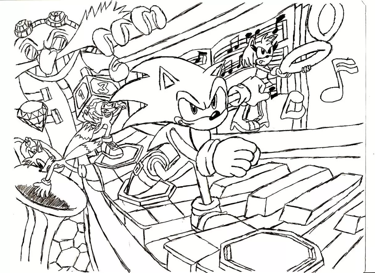Sonic e seus amigos Tails, Knuckles e Amy Rose em vibrante cena musical para colorir. Desenho com Sonic correndo e Amy com disco, cercada por notas musicais.