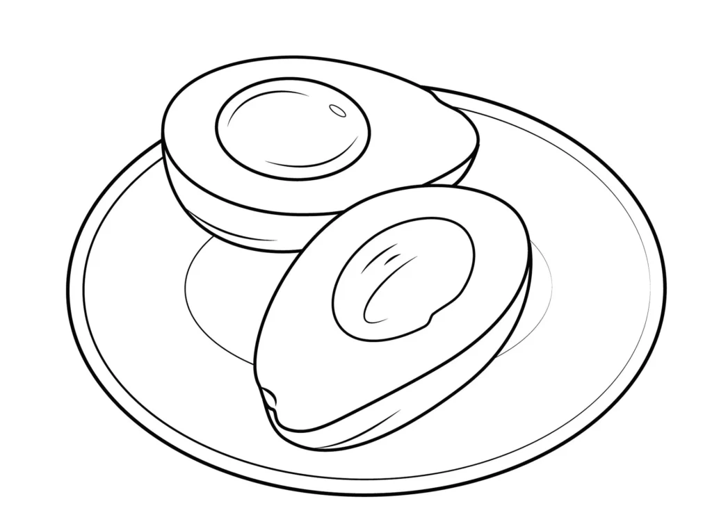 Desenhos de Abacates para imprimir e colorir Abacate no prato Abacates no prato: Desenho para colorir com dois abacates cortados.