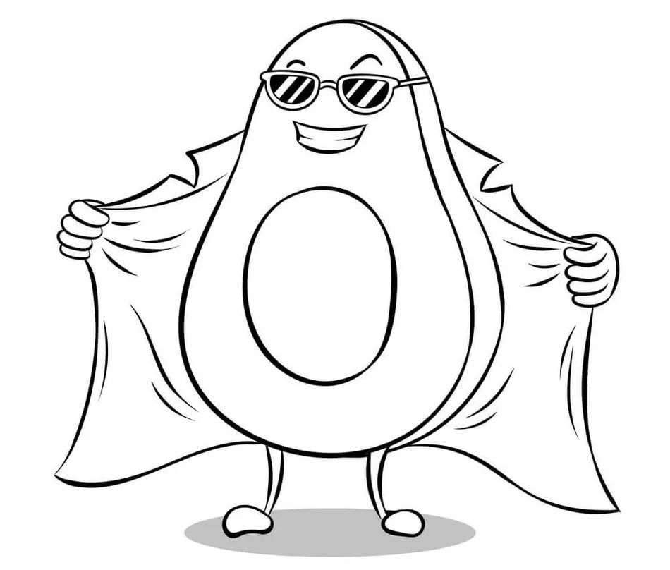 Desenhos de Abacates para imprimir e colorir Super abacate Abacate Super Sorridente com Óculos Escuros para Colorir e Imprimir