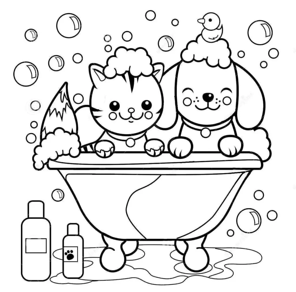 Desenho de cachorro e gato tomando banho: atividade divertida para colorir.