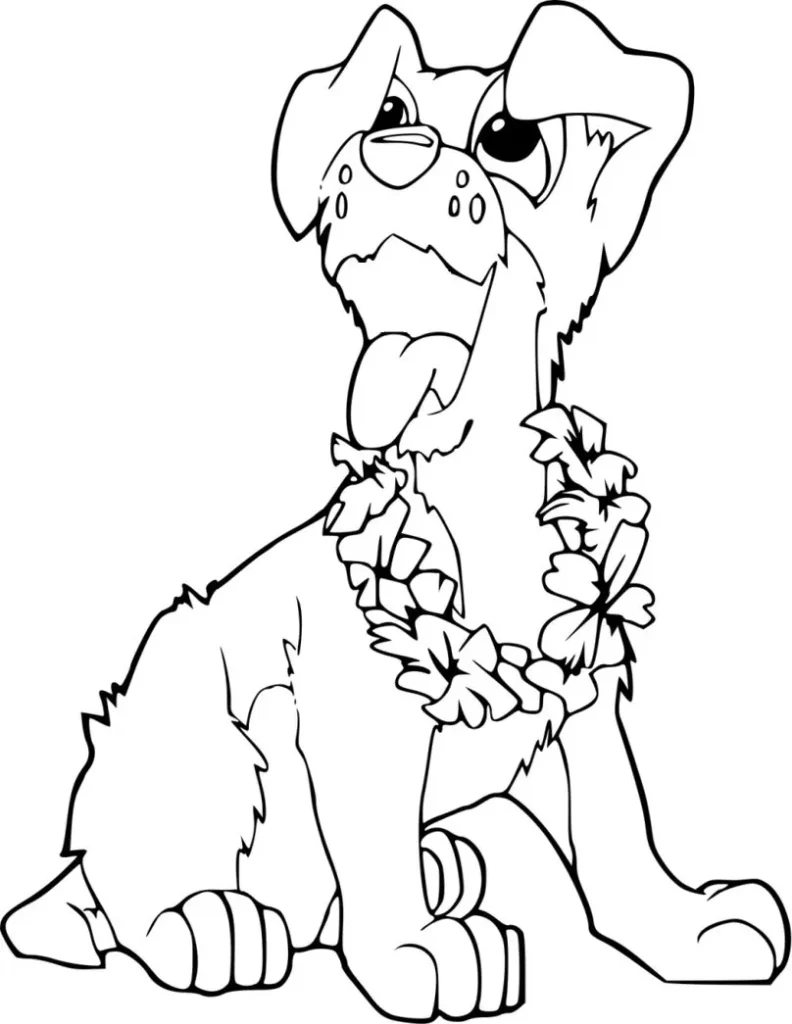 Cachorro com colar de flores: desenho para colorir e relaxar