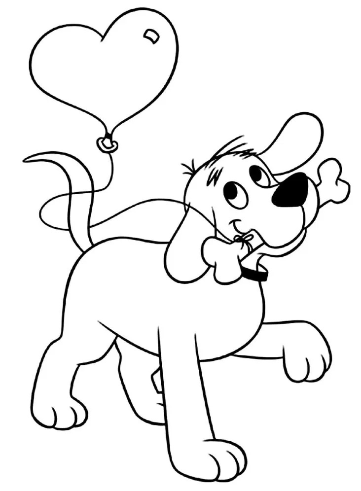 Cachorro com osso na boca para colorir: Desenho divertido de cão alegre com balão de coração.