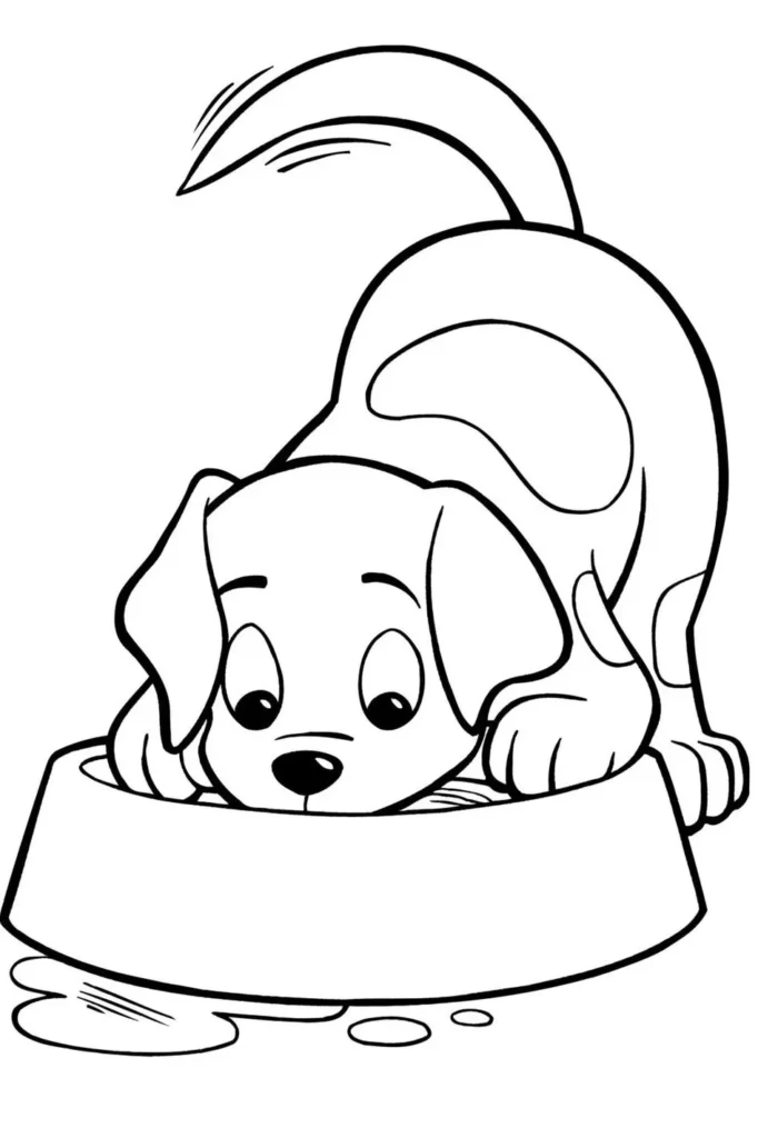 Cachorro filhote comendo ração: desenho para colorir e atividades divertidas.