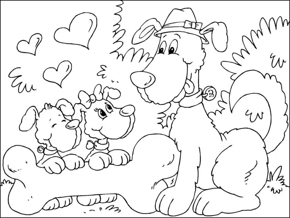 Cachorros dividindo comida: desenho para colorir e diversão canina!