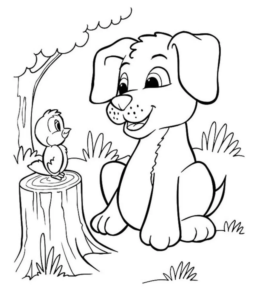 Cachorros conversando com pássaro: desenho para colorir e se divertir em jardim