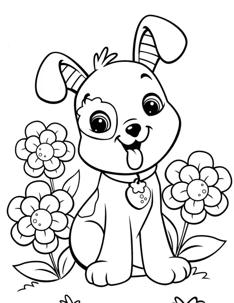 Cachorro fofo em meio a flores para colorir. Desenho divertido de filhote com colar de morango.