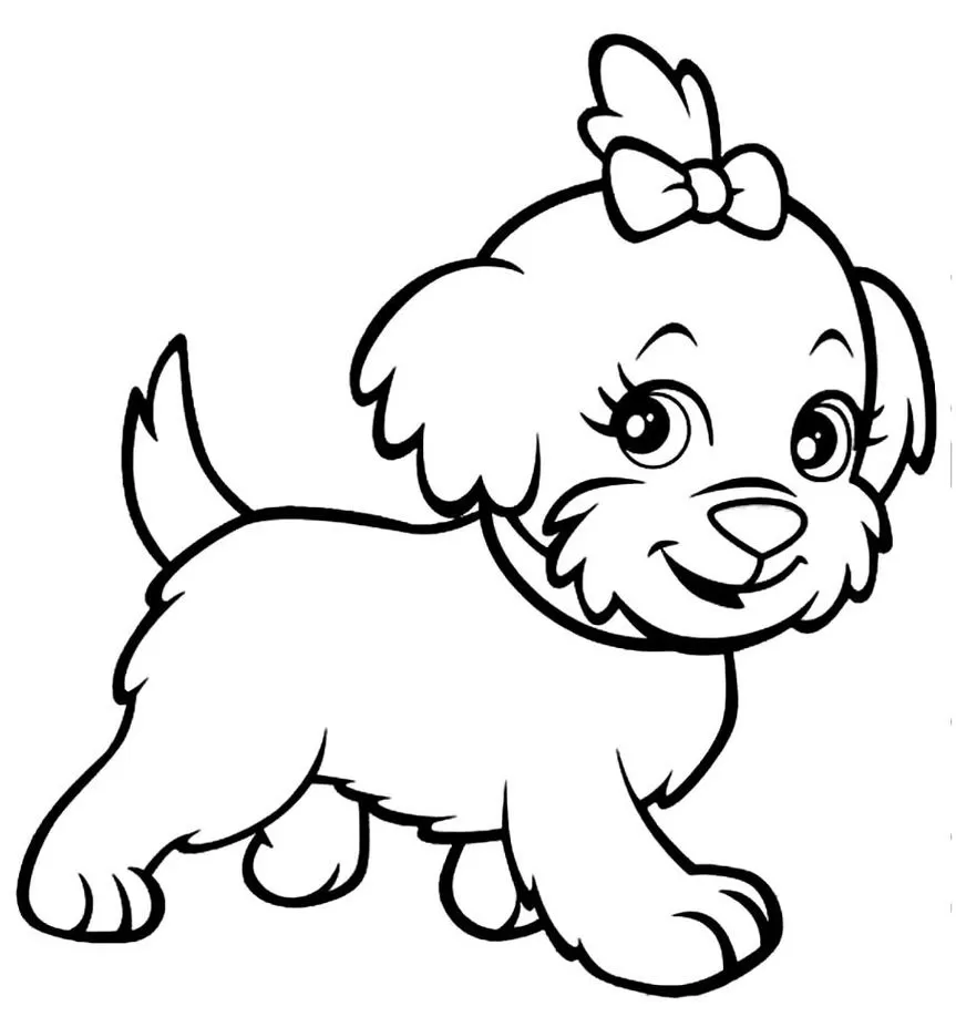Cachorrinho fofo para colorir: Desenho divertido com laço na cabeça.