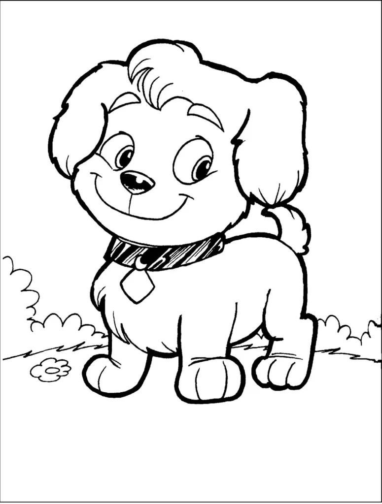 Desenho de cachorrinho fofo para colorir. Crie e pinte este adorável cãozinho sorrindo na grama.