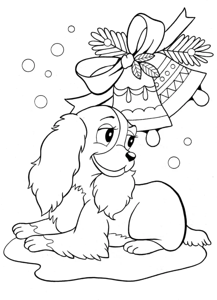 Cachorro Cavalier King Charles Spaniel sorrindo, admirando sino de natal festivo. Desenho para colorir com tema natalino.