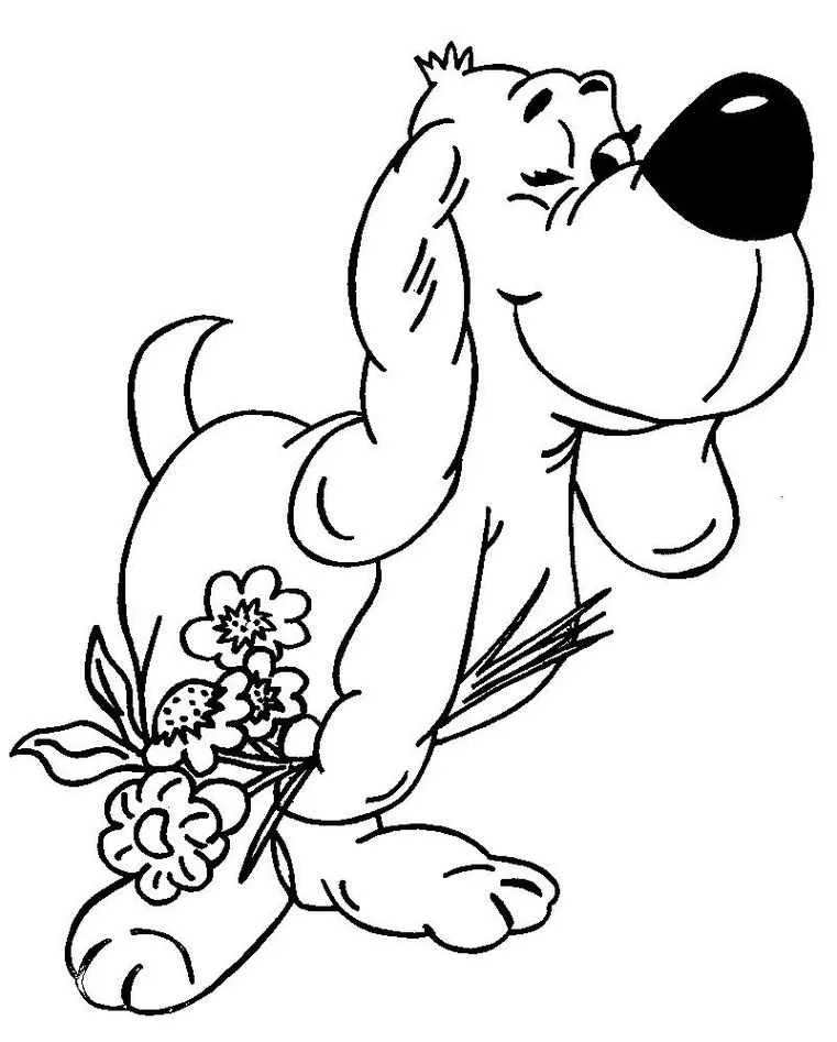Cachorro apaixonado com flores: Desenho para colorir e se divertir.