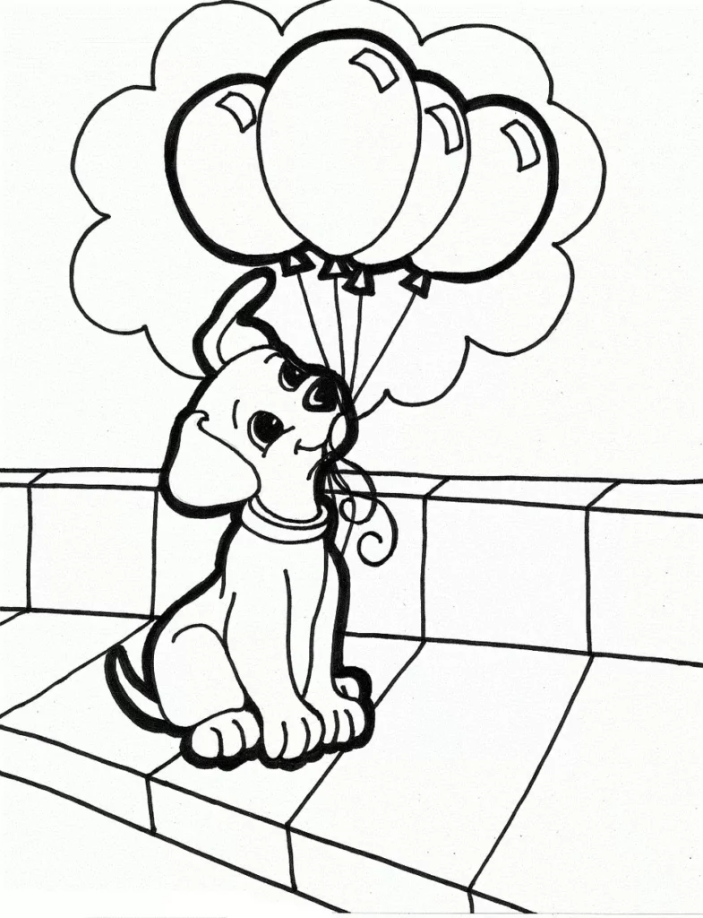Cachorro com balões para colorir: atividade divertida e relaxante.