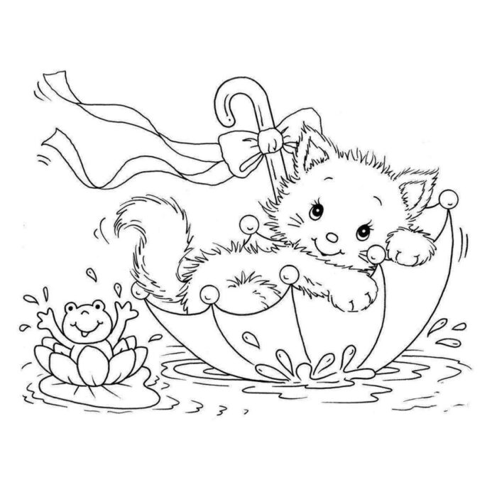 Gatinho fofo no guarda-chuva com sapo na flor de lótus: desenho para colorir e se divertir em dia chuvoso.