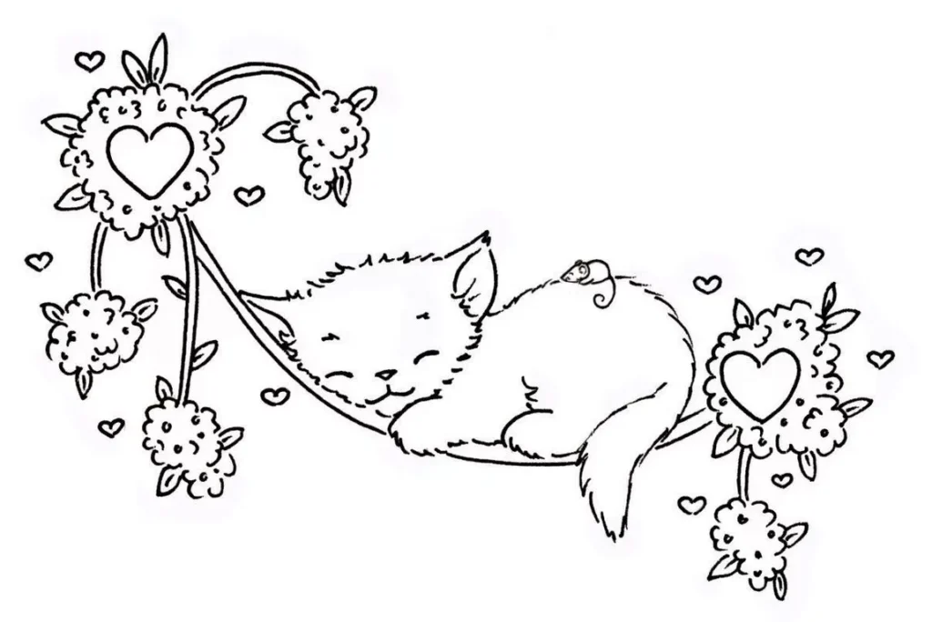 Gatinho dormindo em rede: desenho para colorir com rato e corações.