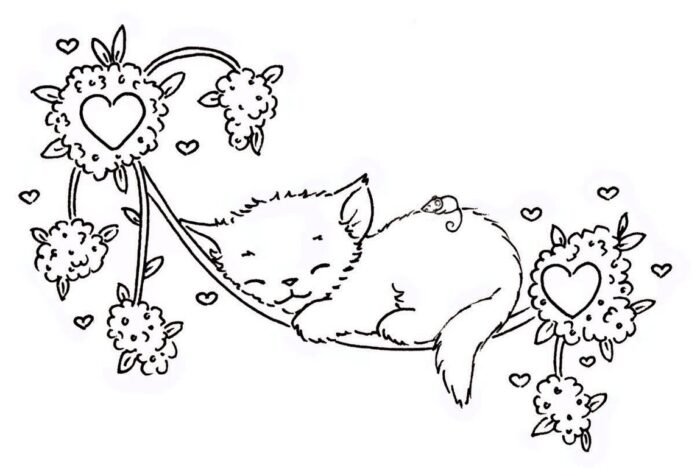 Gatinho dormindo em rede: desenho para colorir com rato e corações.
